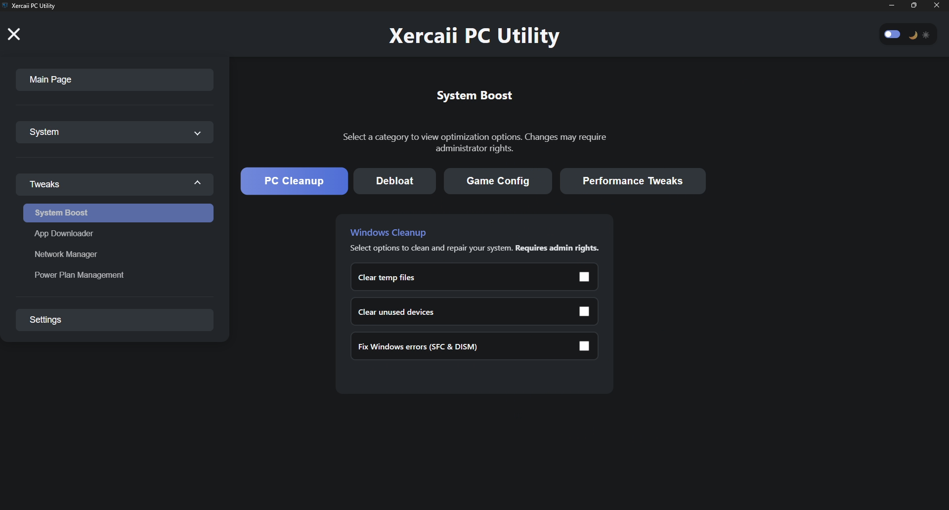 Screenshot of the Performance Tweaks page