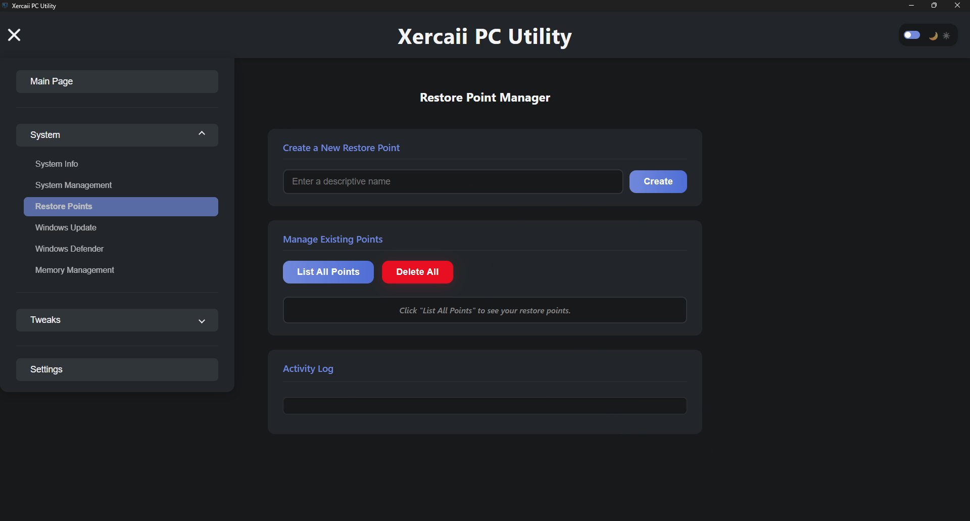 Screenshot of the System Management features